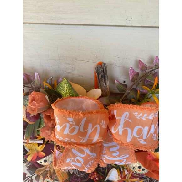 Fall Pumpkin Bamboo Wreath with Scarecrows, Thankful Bow & Autumn Florals - Picture 9 of 9